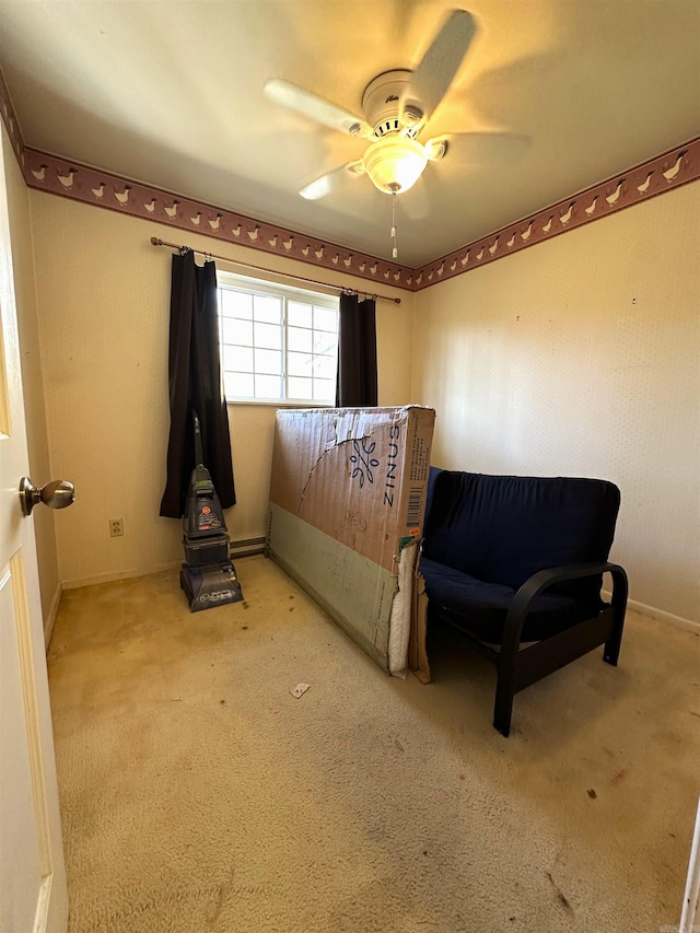 bedroom with light colored carpet and ceiling fan