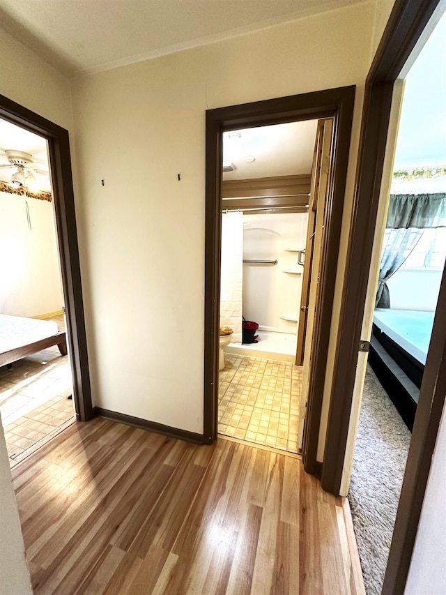 hall with crown molding and light hardwood / wood-style floors