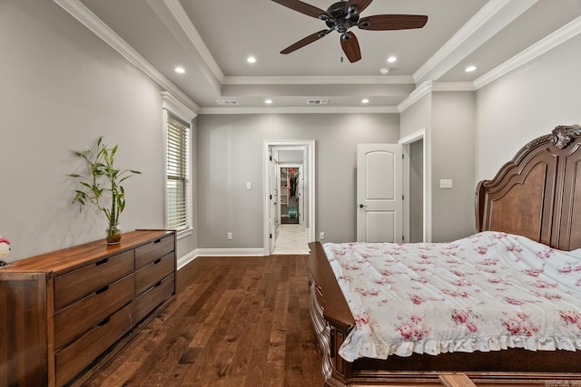 bedroom with dark hardwood / wood-style floors, ceiling fan, and crown molding