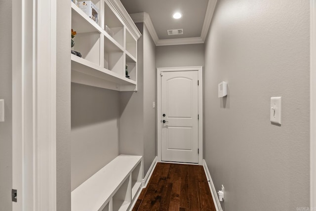 mudroom featuring dark hardwood / wood-style floors and ornamental molding