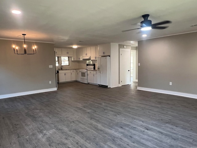 unfurnished living room featuring crown molding, dark hardwood / wood-style flooring, ceiling fan with notable chandelier, and sink