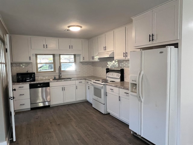 kitchen featuring white cabinetry, dark hardwood / wood-style flooring, white appliances, and sink