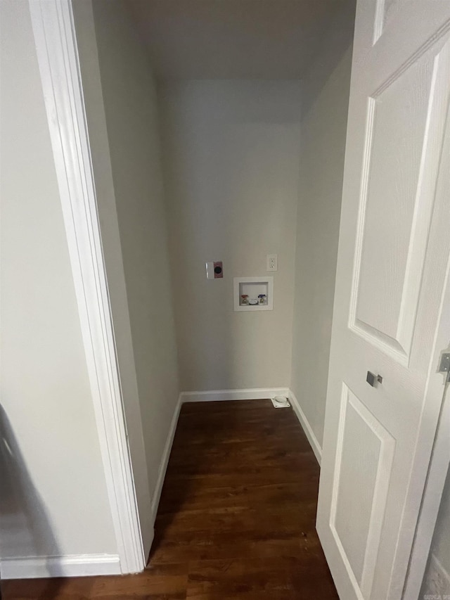 clothes washing area with hookup for an electric dryer, hookup for a washing machine, and dark wood-type flooring