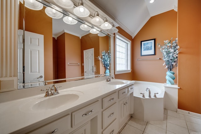 bathroom with vanity, vaulted ceiling, tile patterned flooring, a washtub, and ornamental molding