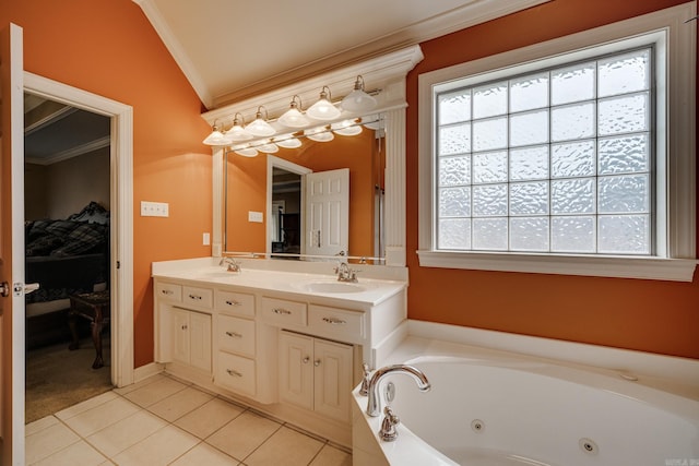 bathroom featuring tile patterned floors, a washtub, vanity, vaulted ceiling, and crown molding