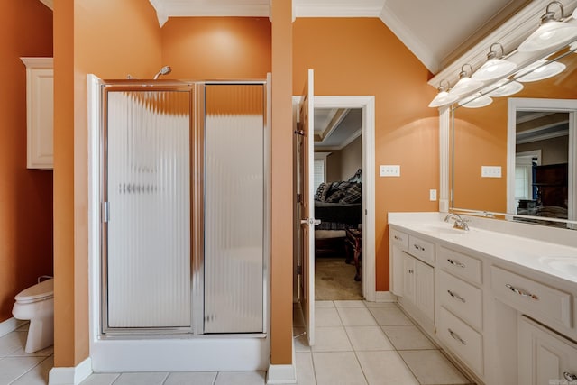 bathroom with tile patterned flooring, ornamental molding, and vaulted ceiling