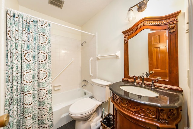 full bathroom featuring vanity, toilet, and shower / bathtub combination with curtain