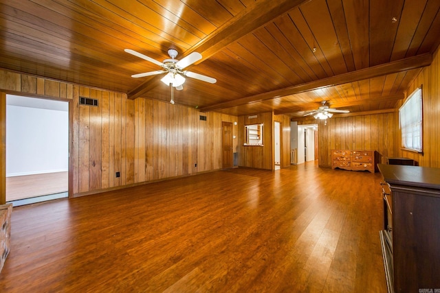 unfurnished living room with beamed ceiling, wood-type flooring, plenty of natural light, and wood walls