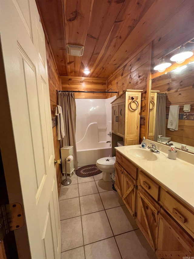 full bathroom with shower / bathtub combination with curtain, tile patterned floors, wood walls, vanity, and wood ceiling