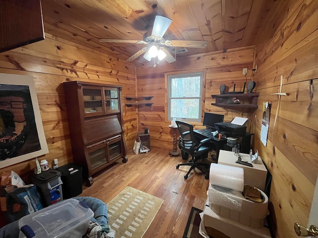 office area featuring ceiling fan, wooden ceiling, wood walls, and light wood-type flooring