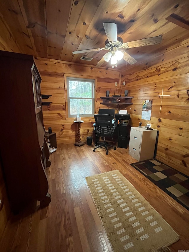 unfurnished office with wooden walls, ceiling fan, light wood-type flooring, and wood ceiling