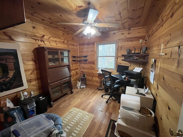 1217 Lovell Ln, Mountain View, AR 72560 - home office with wooden ceiling, wood walls, ceiling fan, and hardwood / wood-style flooring