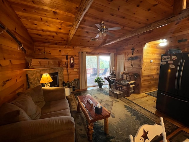 living room featuring ceiling fan, lofted ceiling with beams, wood walls, wood-type flooring, and wood ceiling