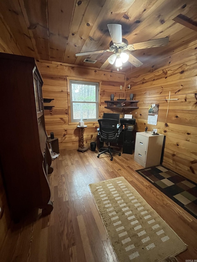 1217 Lovell Ln, Mountain View, AR 72560 - office space featuring a ceiling fan, wood walls, light wood-style flooring, and wood ceiling