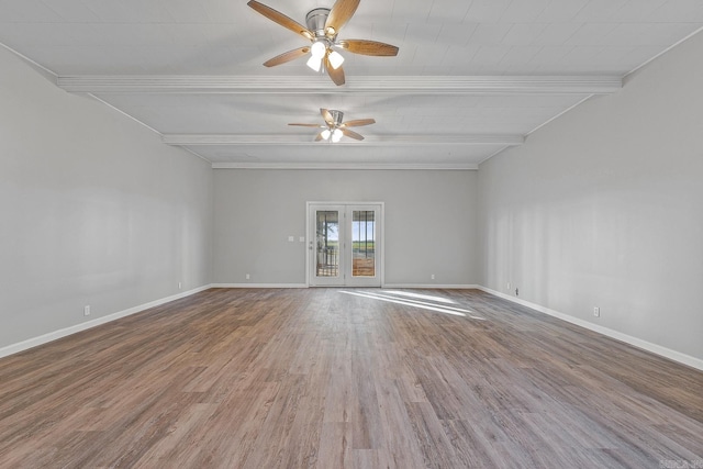 spare room with beam ceiling, ceiling fan, hardwood / wood-style floors, and crown molding