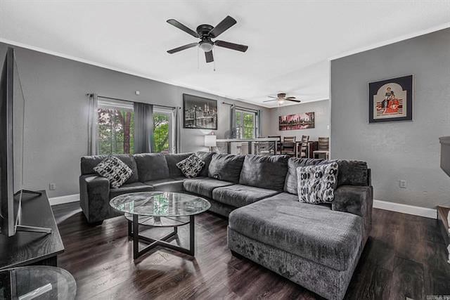 living room with ceiling fan and dark wood-type flooring