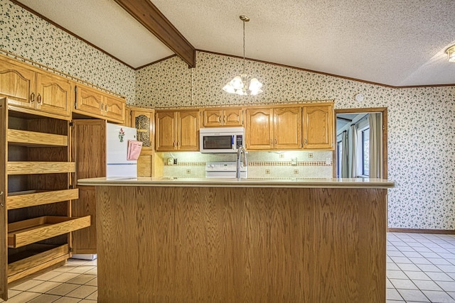 kitchen featuring vaulted ceiling with beams, an island with sink, a chandelier, a textured ceiling, and decorative light fixtures