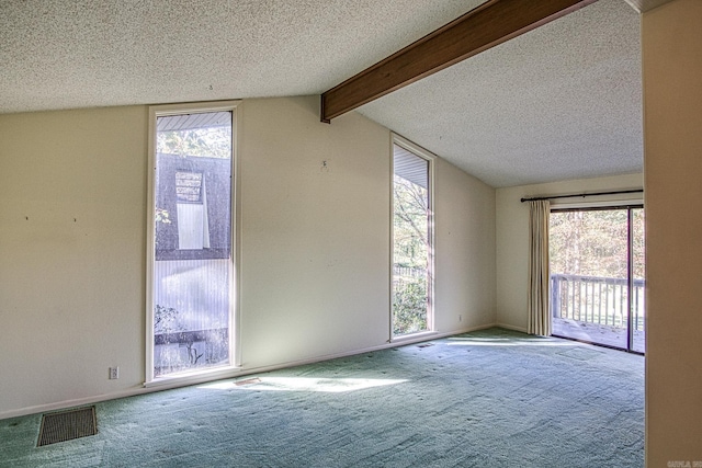 empty room with carpet flooring, lofted ceiling with beams, a healthy amount of sunlight, and a textured ceiling