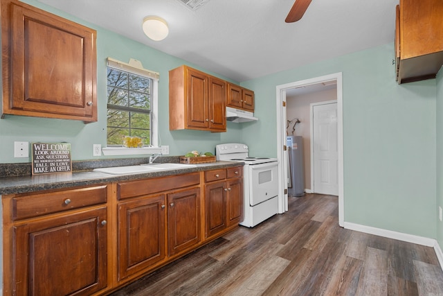 kitchen featuring sink, dark hardwood / wood-style floors, ceiling fan, water heater, and white electric range oven