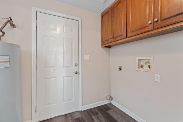 clothes washing area with cabinets, dark wood-type flooring, washer hookup, water heater, and hookup for an electric dryer