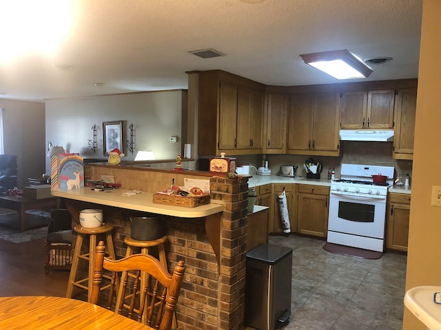 kitchen with a kitchen breakfast bar, kitchen peninsula, and gas range gas stove