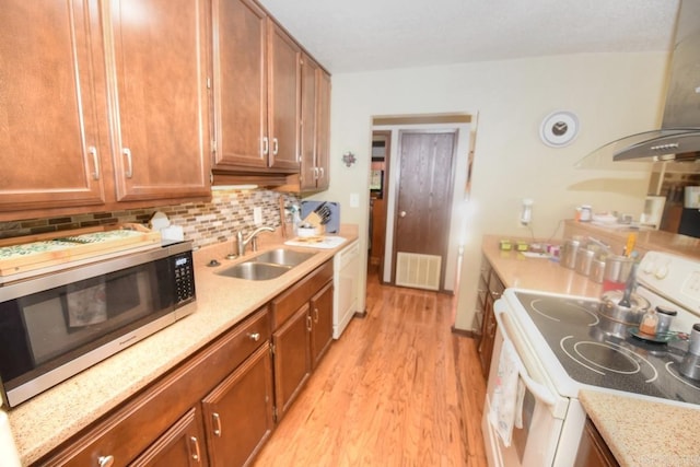 kitchen featuring decorative backsplash, sink, white appliances, and light hardwood / wood-style flooring