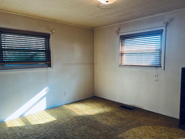 carpeted spare room featuring ornamental molding