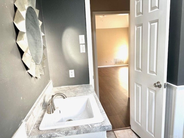 bathroom featuring hardwood / wood-style flooring and vanity