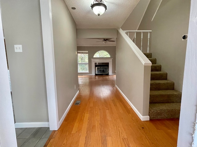 hallway featuring wood-type flooring and a textured ceiling