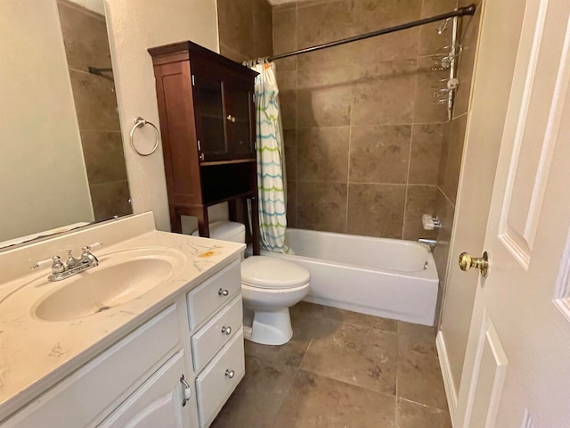 full bathroom featuring toilet, vanity, and shower / tub combo with curtain