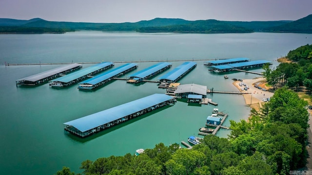 birds eye view of property featuring a water and mountain view