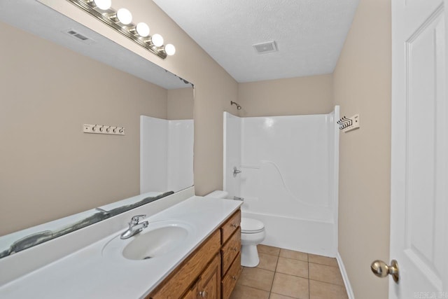 full bathroom featuring vanity, shower / tub combination, tile patterned flooring, toilet, and a textured ceiling