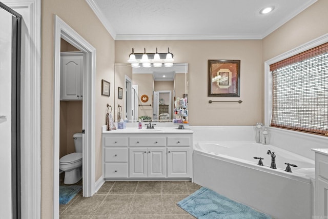 bathroom with vanity, a bath, tile patterned flooring, toilet, and ornamental molding