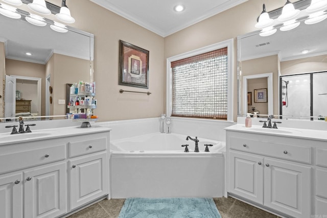 bathroom with tile patterned flooring, vanity, separate shower and tub, and ornamental molding