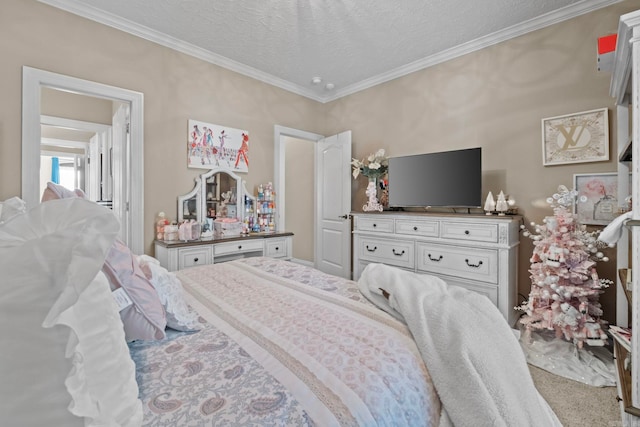 carpeted bedroom featuring crown molding and a textured ceiling