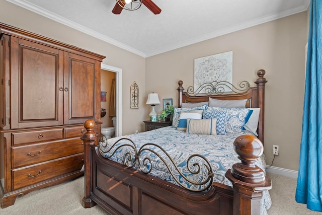 bedroom featuring light colored carpet, ceiling fan, and ornamental molding