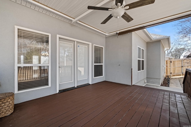 deck with a ceiling fan and fence