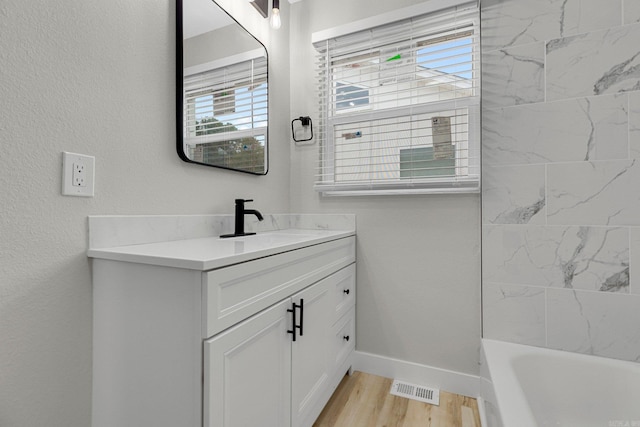 bathroom with hardwood / wood-style floors and vanity