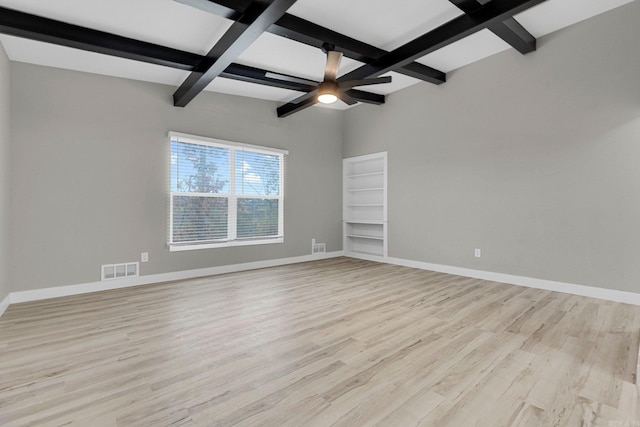 empty room with ceiling fan, beamed ceiling, light hardwood / wood-style floors, and coffered ceiling