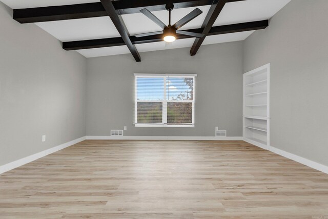 unfurnished room with vaulted ceiling with beams, ceiling fan, and light hardwood / wood-style floors