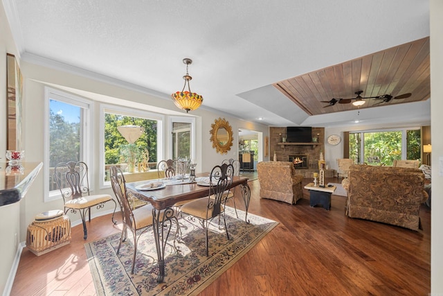 dining area featuring dark hardwood / wood-style floors, a brick fireplace, plenty of natural light, and a tray ceiling