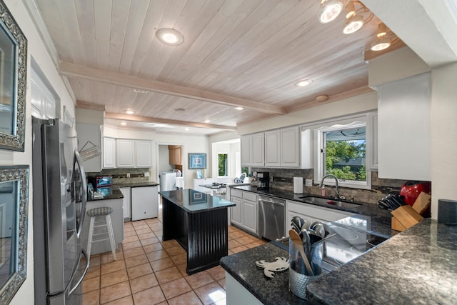 kitchen featuring appliances with stainless steel finishes, tasteful backsplash, sink, a center island, and white cabinetry