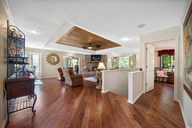 living room featuring a raised ceiling, crown molding, a fireplace, and dark hardwood / wood-style floors