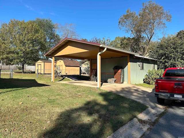 view of property exterior featuring a carport, a storage shed, and a yard