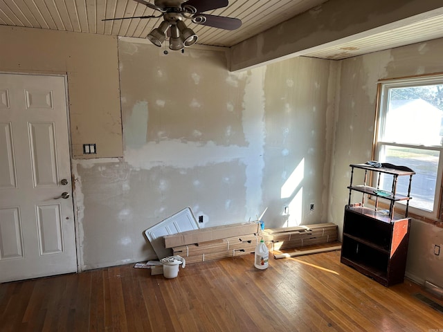 miscellaneous room featuring ceiling fan, hardwood / wood-style floors, and wood ceiling