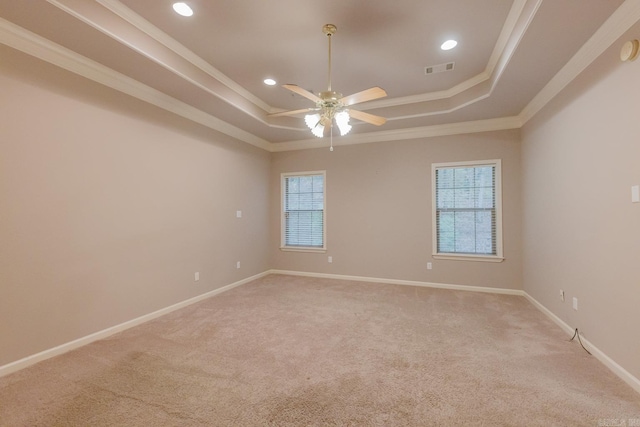 carpeted spare room featuring a raised ceiling, crown molding, and a wealth of natural light