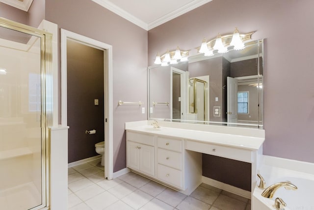 full bathroom with vanity, tile patterned floors, toilet, ornamental molding, and independent shower and bath