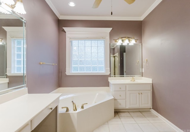 bathroom with a bathing tub, vanity, crown molding, and tile patterned floors