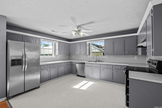 kitchen featuring ceiling fan, sink, stainless steel appliances, and a wealth of natural light