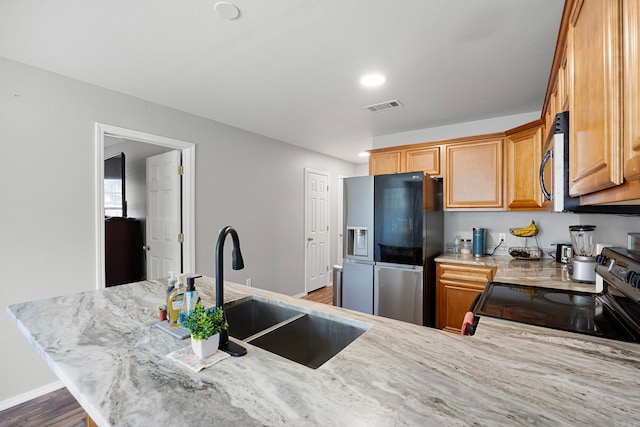 kitchen featuring kitchen peninsula, appliances with stainless steel finishes, light stone counters, sink, and wood-type flooring